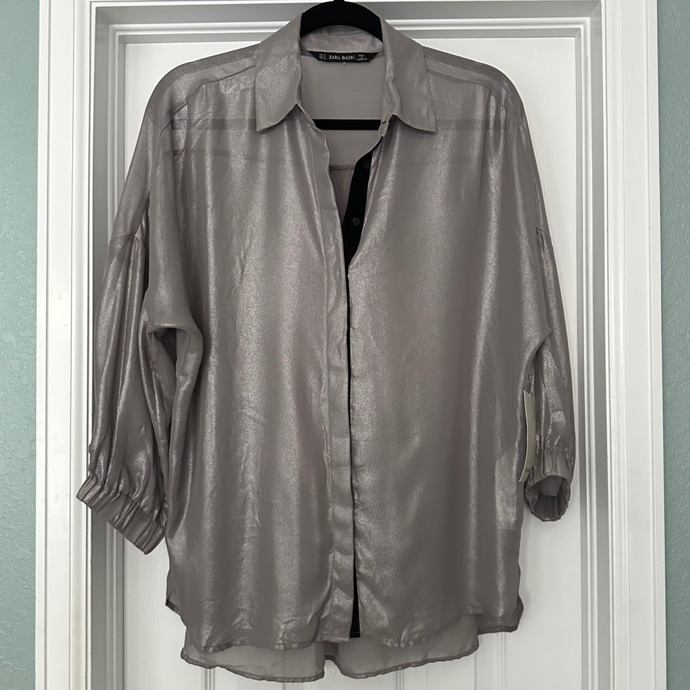 Zara Metallic Semi Sheer Button‎ Down Blouse Silver Gray Size Medium NWT
